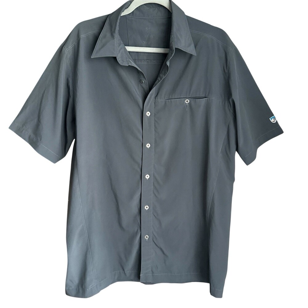 Kuhl Button Up Shirt Mens L Gray Short Sleeve Outdoor Hiking Stretch Performance